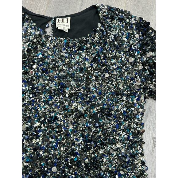 HAUTE HIPPIE Mosaic Sequin Embelished Cropped Top Short Sleeves Black Silk Sz M - Picture 9 of 12